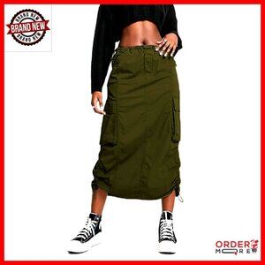 Y2K Cargo Maxi Skirt with Pockets, Low Waist Drawstring, Ruched Slit
